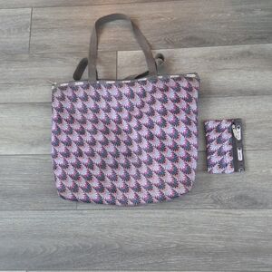 LeSportsac Multicolor Grey, Pink & Aqua Graphic Print ZipperTote Bag And Pouch